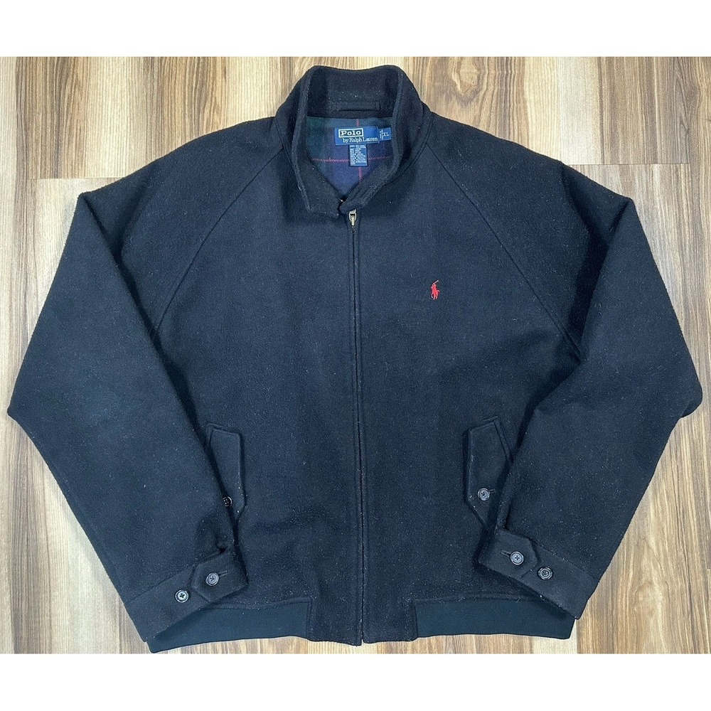 Vintage 90s Polo Ralph Lauren Wool Harrington Bomber Jacket Plaid Lined Black XL